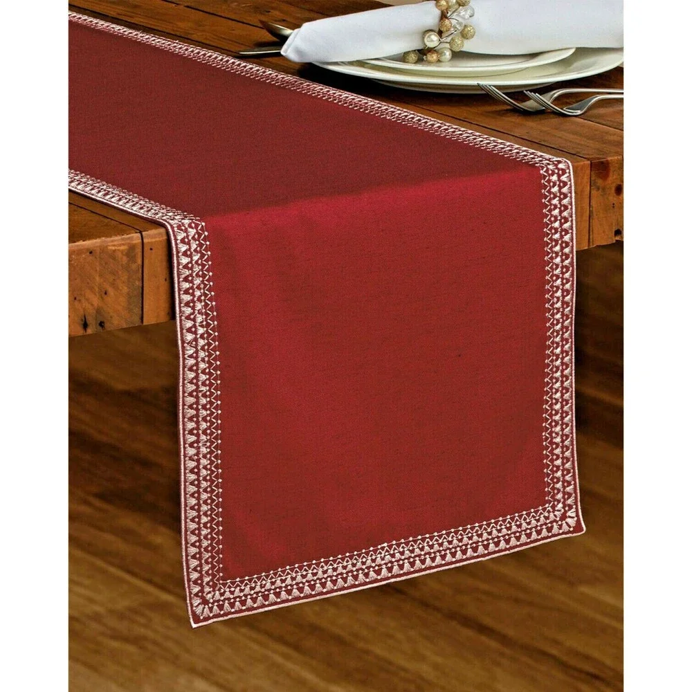 Superion Table Runner 14x90 Embroidered Dark Red Christmas Holiday 4th of July